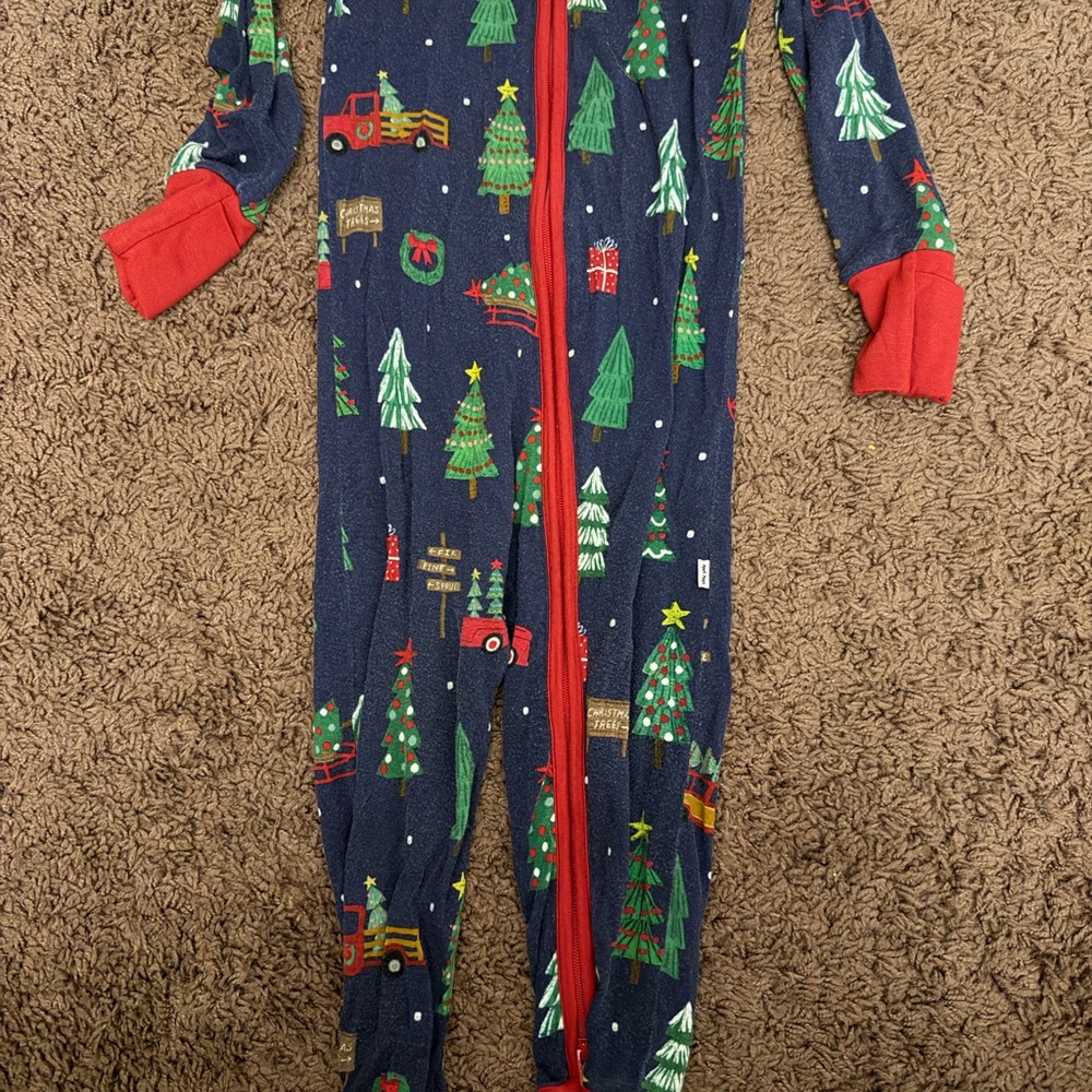Little Sleepies Navy Blue Christmas Tree Print Pajama Set with Red Trim